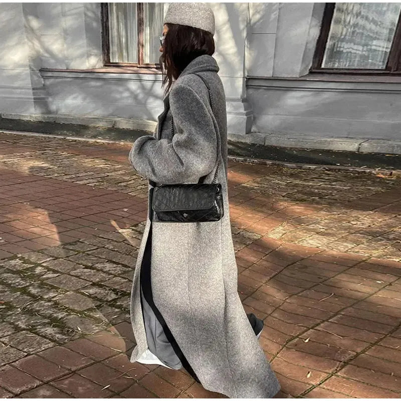 Classic Double-Breasted Long Faux Wool Coat for Women – Elegant Winter Overcoat