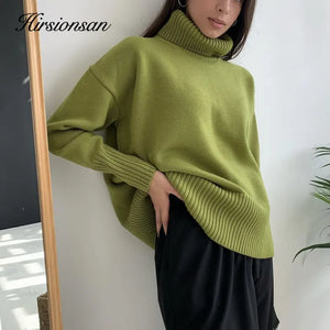 Women's Turtle Neck Winter Sweater Elegant Thick Warm Knitted Pullover Loose Fit