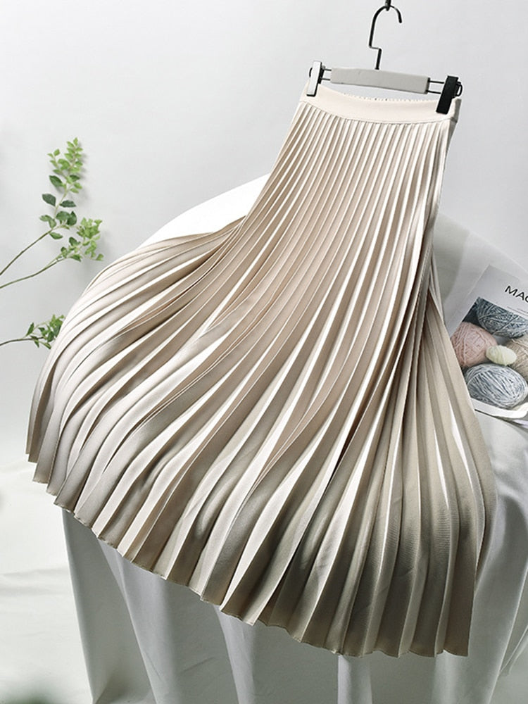 Women's Autumn Winter Spring Elegant Chic Solid Long Pleated Skirt High Waist with Chiffon Liner