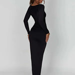 Women's Long Sleeve Ruched High Split Maxi Dress Square Collar Drawstring Bodycon Sexy Party Long Maxi Dress Elegant Fashion