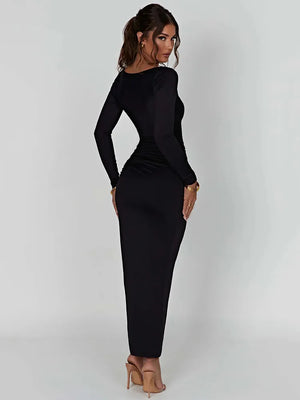 Women's Long Sleeve Ruched High Split Maxi Dress Square Collar Drawstring Bodycon Sexy Party Long Maxi Dress Elegant Fashion