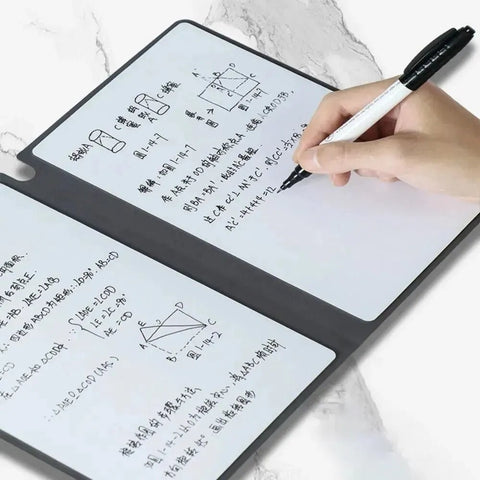 Hand holding a pen over a transparent writing pad with mathematical equations and diagrams.
