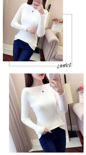 Ribbed Slash Neck Slim Sweater Knitted Long Sleeve Office Casual Solid Pullovers For Women