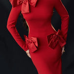 Elegant Backless Sexy Maxi Dress with Bows For Women Fashion Red O-Neck Long Sleeve Bodycon Club Wedding Party Prom Long Dress New