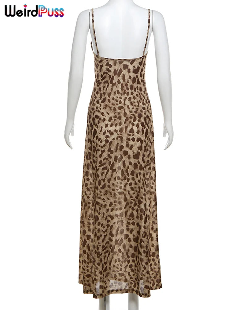 Leopard Print Satin Slip Dress – Sleeveless Cowl Neck Maxi Dress Spaghetti Strap Backless Ruffles Party Gown