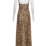 Leopard Print Satin Slip Dress – Sleeveless Cowl Neck Maxi Dress Spaghetti Strap Backless Ruffles Party Gown