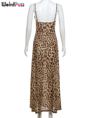 Leopard Print Satin Slip Dress – Sleeveless Cowl Neck Maxi Dress Spaghetti Strap Backless Ruffles Party Gown