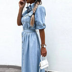 New Fashion Elastic Waist Lapel Jean Dress Casual Midi Dress w/ Pockets Elegant Single Breasted Solid Denim Dress