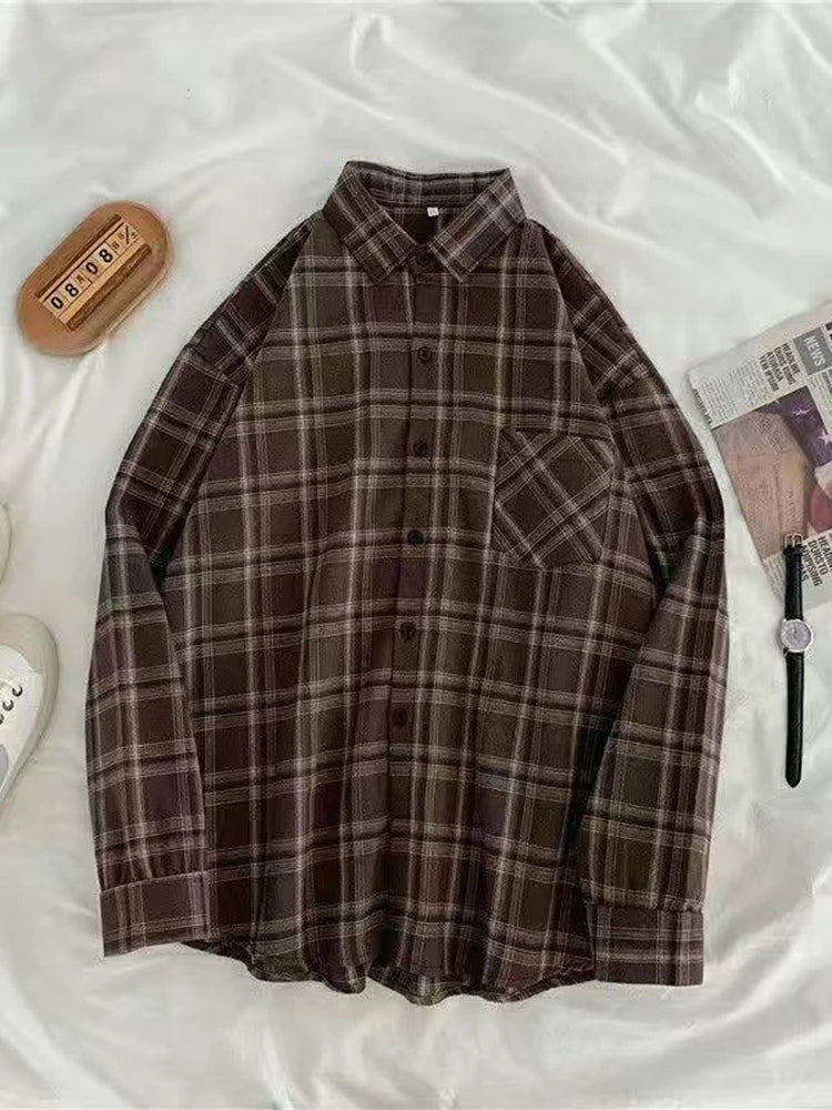 Vintage Women's Plaid Shirt Autumn/Winter Long Sleeve Oversized Button Up Tops Loose Casual Shirts