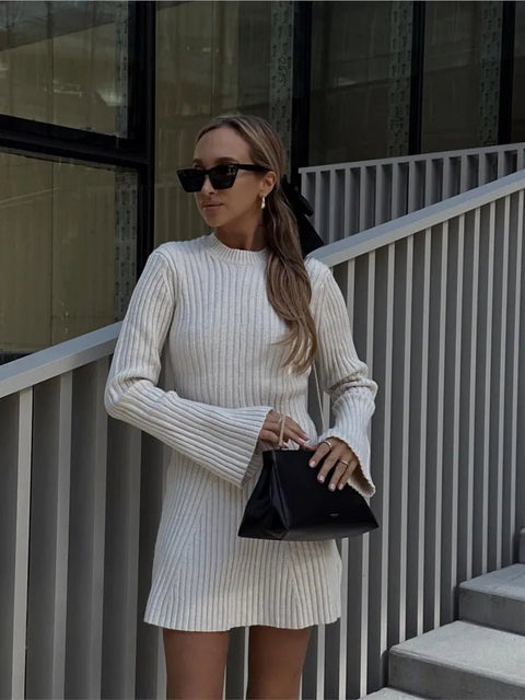 Mini Dress Women Ribbed Knit O-Neck Long Sleeve Slim Fit Chic Party Clubwear Autumn Winter Dress
