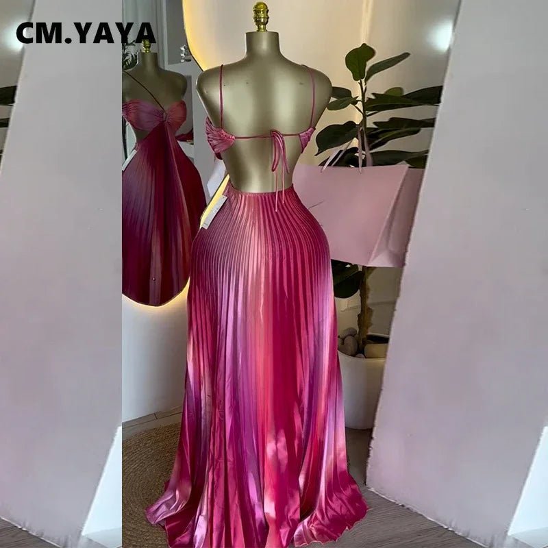 Elegant Ombre Pleated Satin Evening Gown – Backless Cutout Maxi Dress
