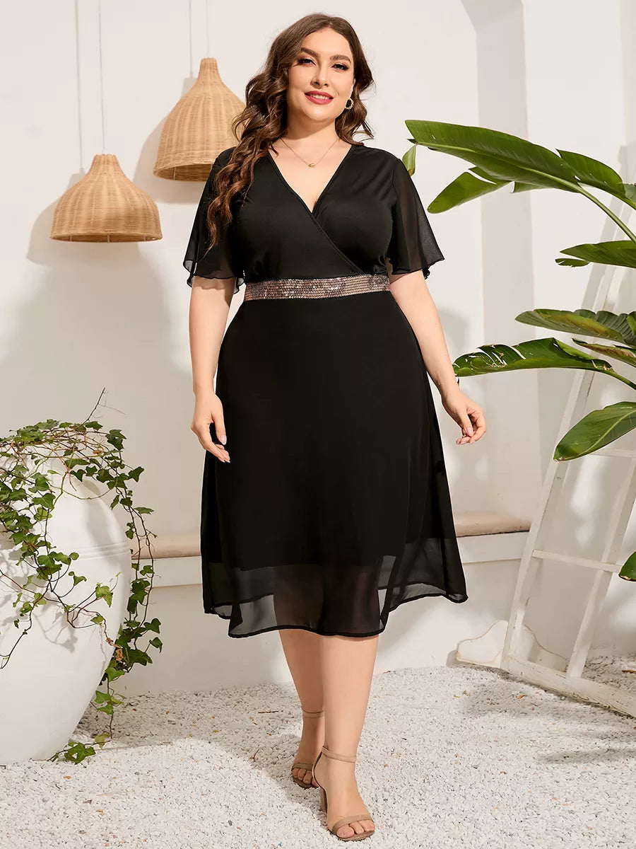 Plus Size Evening Dress for Spring Summer and Fall V Neck Short Sleeve Sequined Waist Elegant Lace Wedding Party Midi Dress