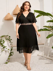 Plus Size Evening Dress for Spring Summer and Fall V Neck Short Sleeve Sequined Waist Elegant Lace Wedding Party Midi Dress