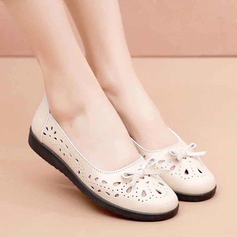 Spring/Summer Casual Shoes Soft Leather Sandals Female Flats Cut Out Slip On Footwear for Women