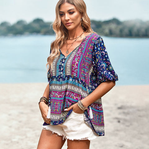 Floral Boho Blouse Women Vintage Short Sleeve V-Neck Beach Casual Summer Fashion Top