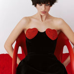 Sexy Strapless Heart Shape Crystal Design Mini Dress Black Velvet Red Heart Diamond Design A-Line Dress Evening Party Clubwear