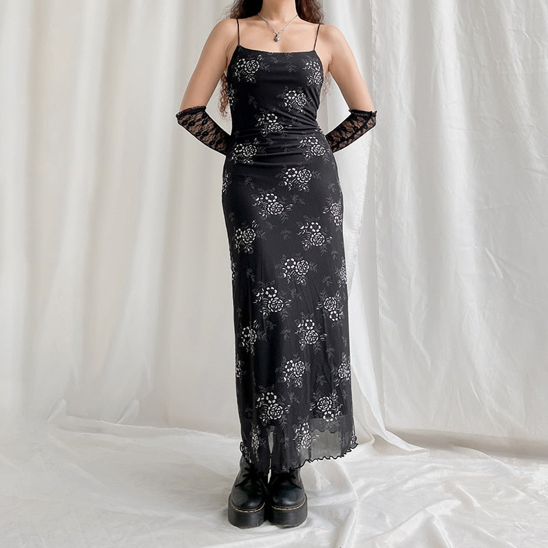 Ladies Fairycore Printed Mesh Long Maxi Dress Goth Party Long Dress