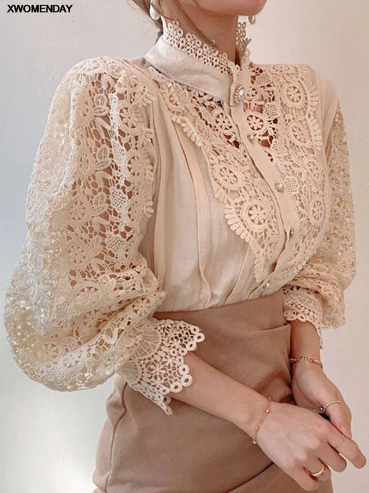 Women's Chiffon Turtleneck Shirt Button Chic Floral Lace Fluffy Long Sleeve Shirt Elegant Boutique Fashion Hollow Out Oversize White Blouse