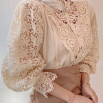 Women's Chiffon Turtleneck Shirt Button Chic Floral Lace Fluffy Long Sleeve Shirt Elegant Boutique Fashion Hollow Out Oversize White Blouse