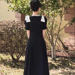 New Fashion Elegant Black Midi Dress Office Party Vintage A-Line V-Neck Pearl Detail Long Dress