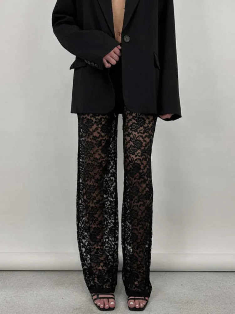 Lace High Waist See-Through  Pants For Women Wide Leg Baggy Hollow Out Trousers High Fashion Straight Pants