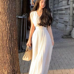 Solid Pleat Long Summer Dress French Fashion Elegant V-Neck Holiday Party High Waist Wedding Party Dress