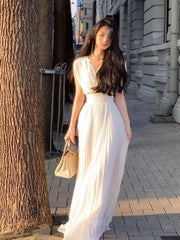 Solid Pleat Long Summer Dress French Fashion Elegant V-Neck Holiday Party High Waist Wedding Party Dress