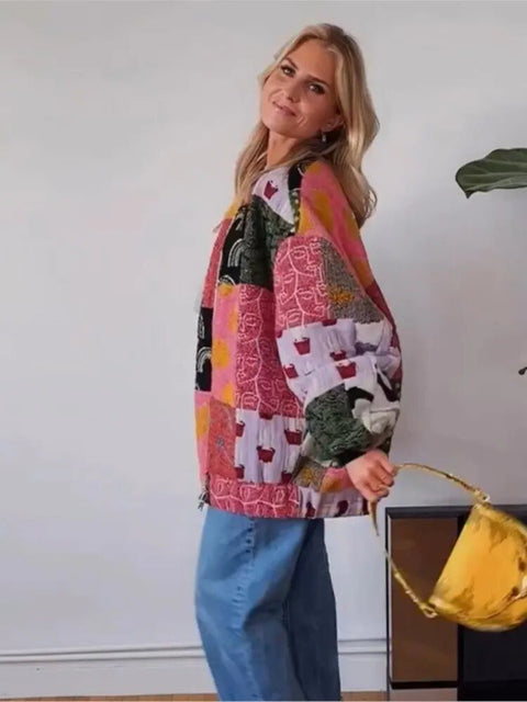 Quilted Jacket Women Vintage Print Patchwork Loose Boho Warm Autumn Winter Casual Outerwear Fashion