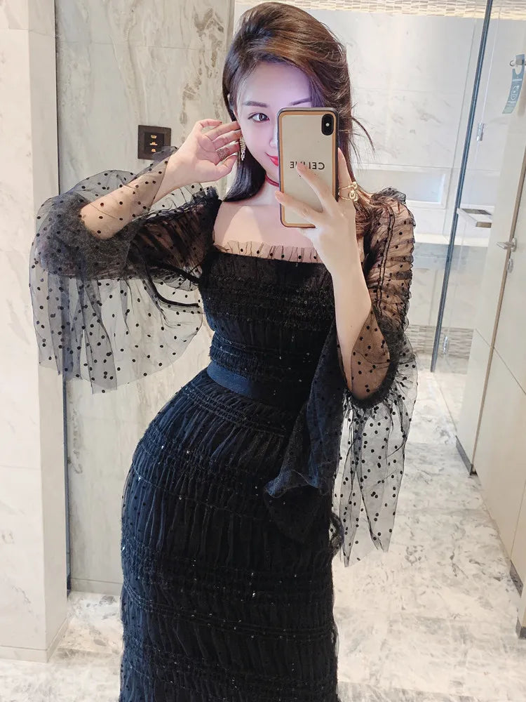 New Boutique Designer Mesh Stretch Lace Dress for Women Flare Long Sleeve Elegant Party Wedding Guest Prom Dress