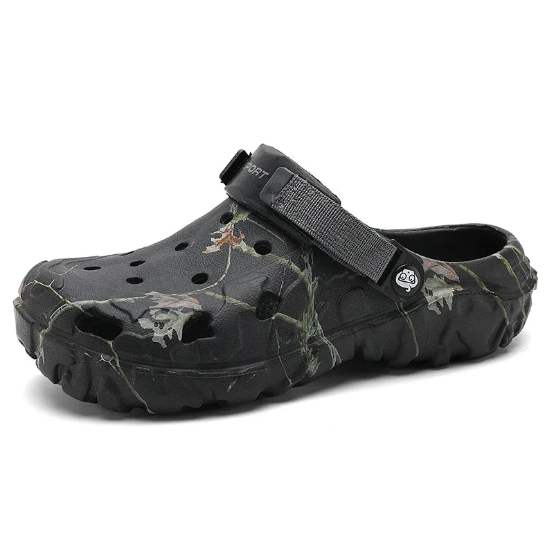 Black and camouflage-patterned clog shoe on a white background