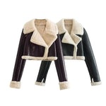 Women's Fashion Double Sided Short Jacket Warm Thick Fur Lapel Chic Faux Leather Coat Vintage Jacket