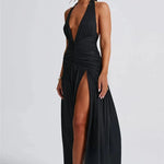 Elegant Halter Maxi Dress with High Slit in Deep Burgundy Black & White Colors