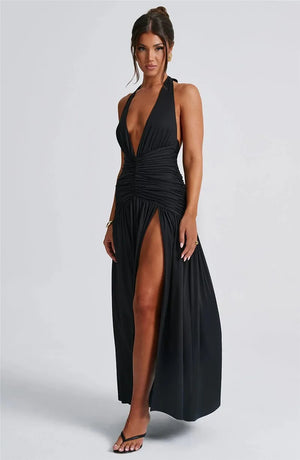 Elegant Halter Maxi Dress with High Slit in Deep Burgundy Black & White Colors