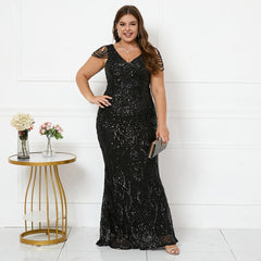 Elegant V Neck Evening Maxi Party Dress Women's Long Chic Beaded Design Prom Dress