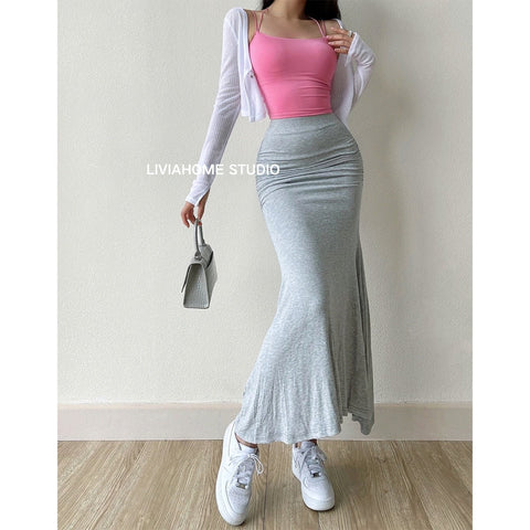 High Waist Fishtail Pleated Maxi Skirt Women Long Elegant Casual Party Fashion Skirt