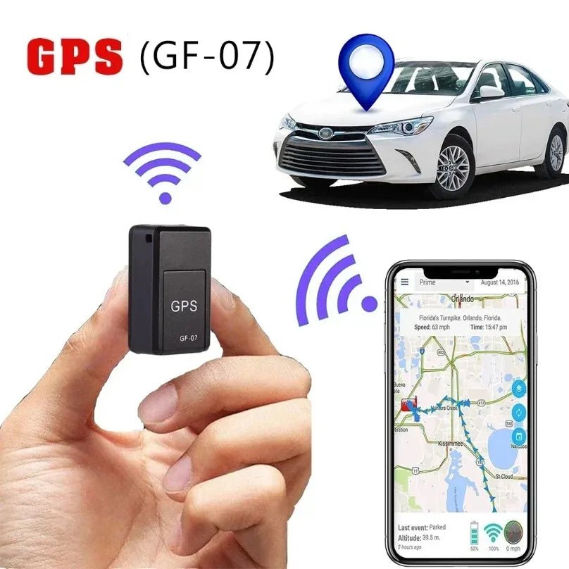 GPS tracker device held by a hand with a car, smartphone, and map displayed.