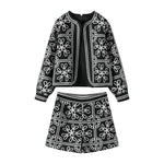 Two-Piece Embroidered Jacket and Shorts Set – Black and White Floral Pattern O-Neck Lantern Sleeve Coat High Waist Short Pants