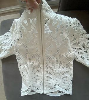 Elegant White Lace Crochet Blouse Hollow Out Cropped Lantern Sleeve Boho Retro Top