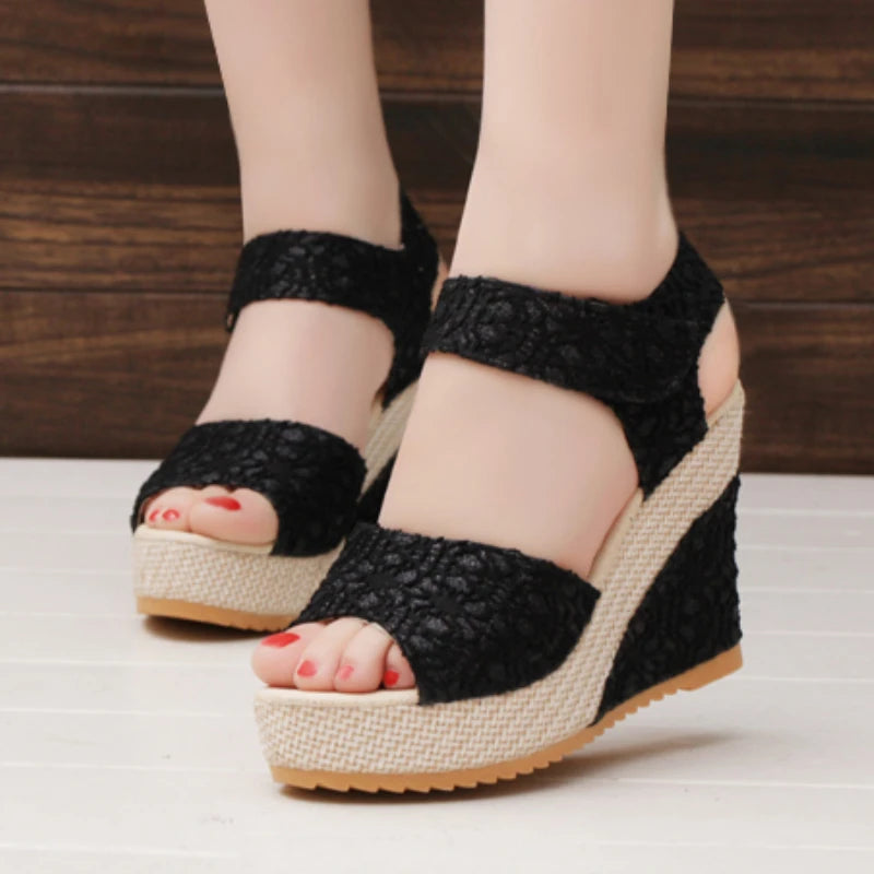 Boho Lace Wedge Sandals for Women – Summer Platform Peep Toe Espadrilles with Adjustable Strap