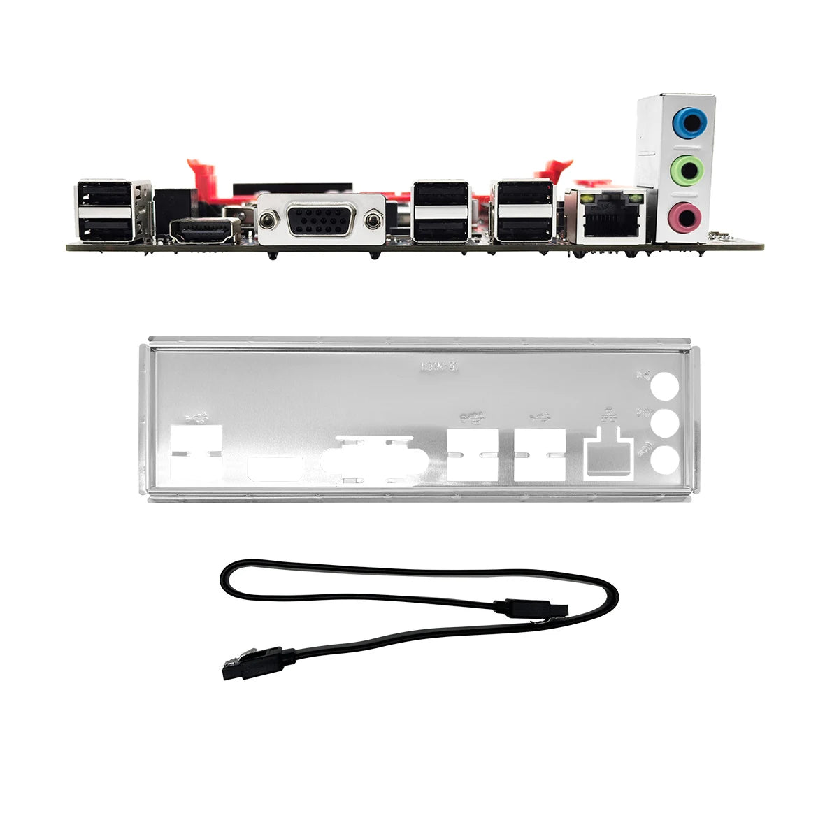 Computer motherboard with I/O shield and cable on a white background