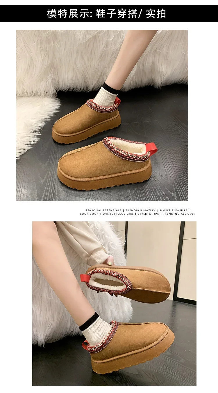 Warm Plush Interior Winter Shoes for Women Winter New Cashmere Warm Thick Sole Low Boot Half Slipper Shoe w/ Fur Lining