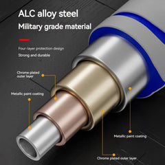 Close-up of a cylindrical metal component with labeled layers on a dark background, highlighting ALC alloy steel material. pull up bar