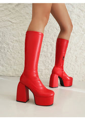 Platform Under Knee Boots Women Black Red Stacked High Heel Round Toe Casual Fashion