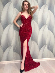 Women's V-Neck Backless Stretch Sequined Mermaid Glamorous Maxi Dress with Split Sleeveless Open Back Floor Length Evening Wedding Party Prom Dress