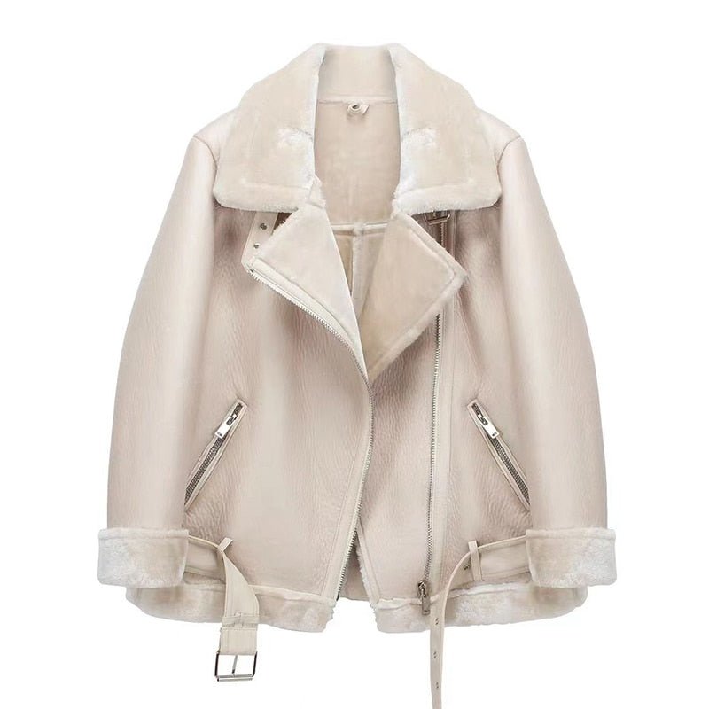 Faux Leather Aviator Jacket Women Thick Fur Sheepskin Warm Winter Casual Outerwear Fashion