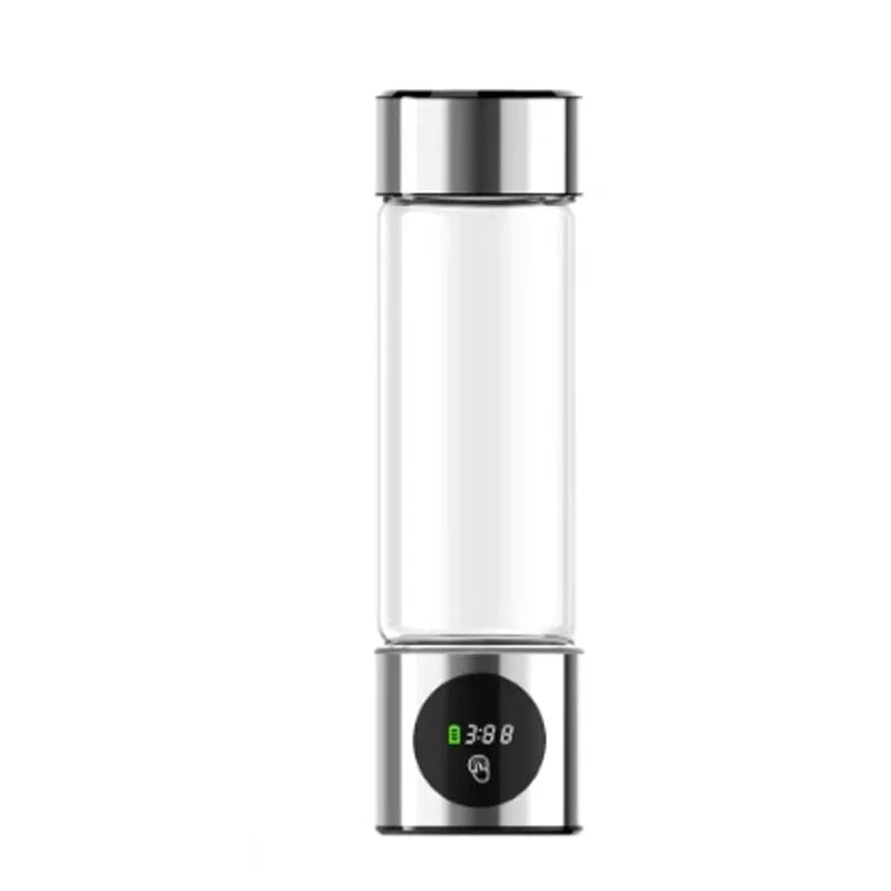 Clear glass bottle with silver lid and digital display on a white background