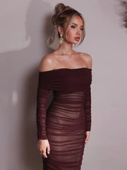 Chic Off-Shoulder Ruched Mesh Bodycon Midi Dress with Long Sleeves – Stylish Evening Wear