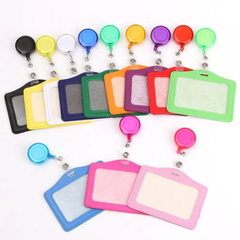 ID Card Holder Unisex Retractable Badge Reel PU Leather Nurse Student Lanyard Case Cover Set