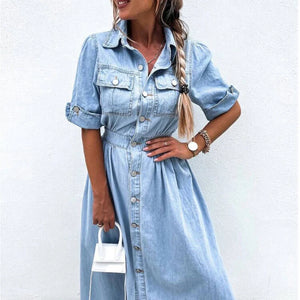 New Fashion Elastic Waist Lapel Jean Dress Casual Midi Dress w/ Pockets Elegant Single Breasted Solid Denim Dress