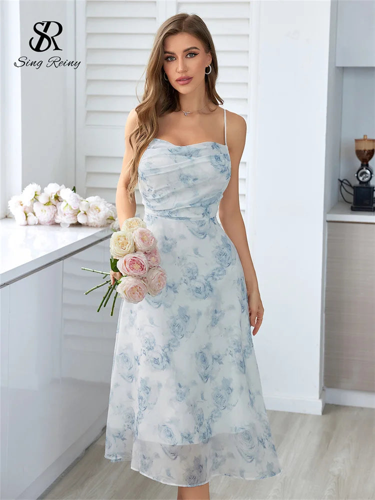 Elegant Blue / Pink Floral Midi Dress Backless with Spaghetti Straps – Lightweight Summer Outfit